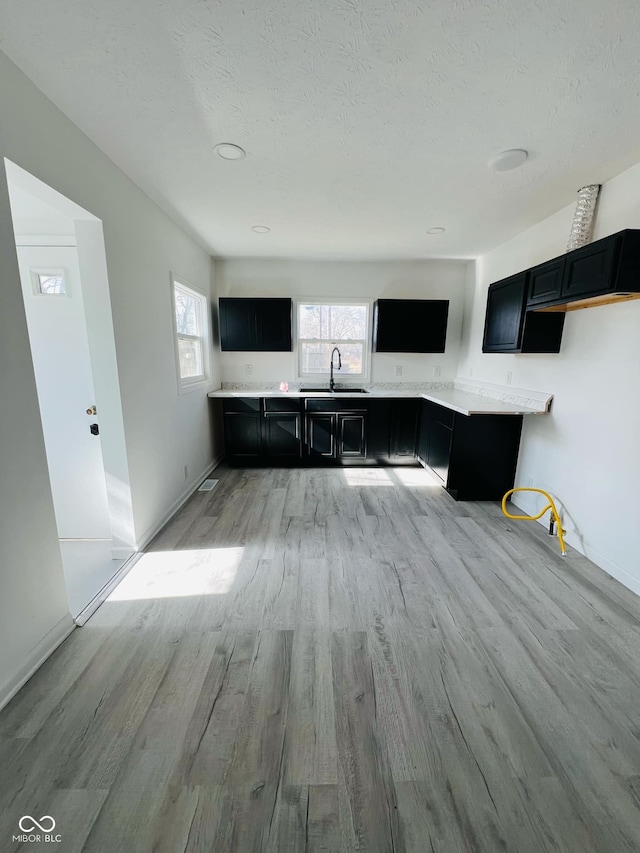 kitchen with sink, light hardwood / wood-style flooring, and a textured ceiling