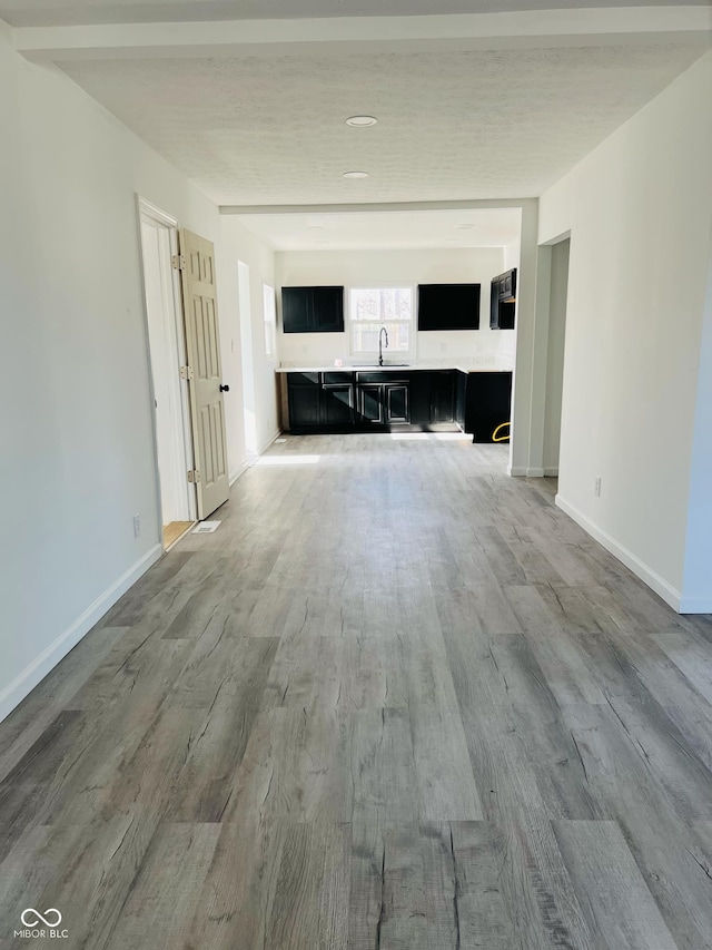 unfurnished living room featuring sink and light hardwood / wood-style flooring