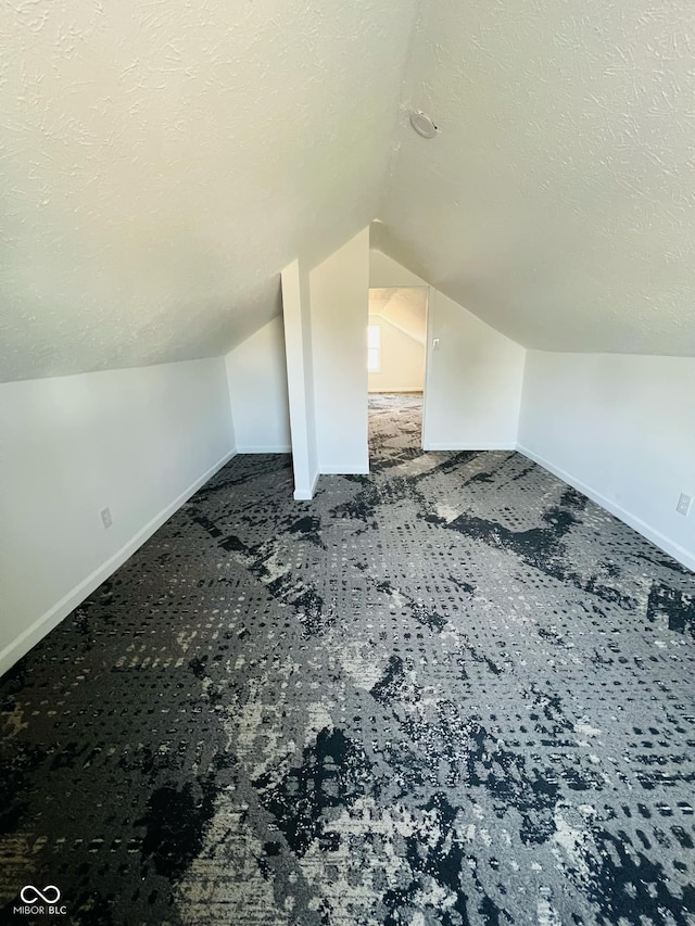 additional living space with carpet floors, a textured ceiling, and vaulted ceiling