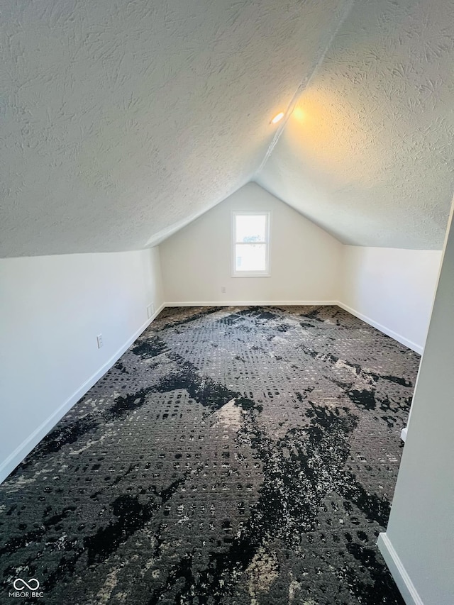 additional living space featuring vaulted ceiling, carpet flooring, and a textured ceiling