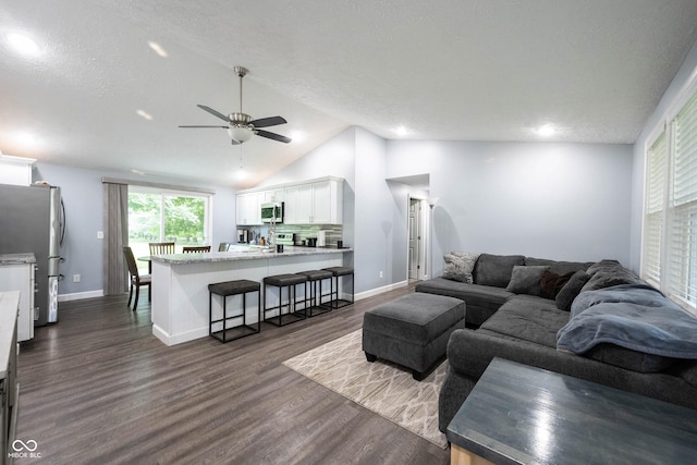 living room featuring vaulted ceiling, dark hardwood / wood-style floors, a textured ceiling, and ceiling fan