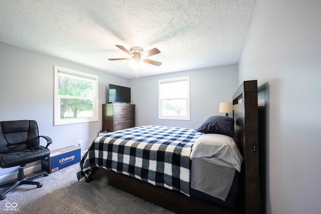 bedroom with multiple windows, a textured ceiling, ceiling fan, and carpet