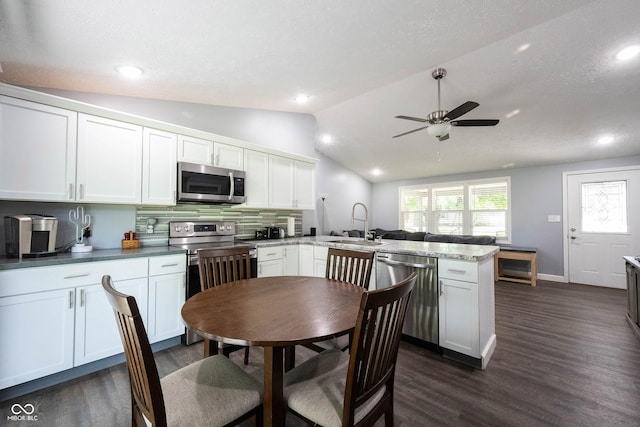 kitchen with white cabinetry, sink, lofted ceiling, and appliances with stainless steel finishes