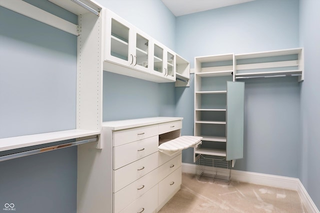 spacious closet featuring light colored carpet