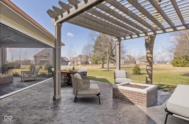 view of patio / terrace featuring a fire pit and a pergola