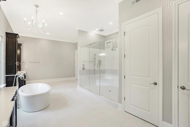 full bathroom featuring a soaking tub, visible vents, crown molding, and a shower stall