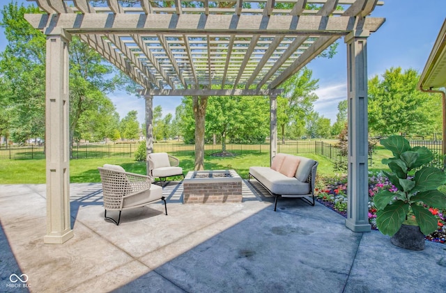 view of patio / terrace with an outdoor living space with a fire pit, a fenced backyard, and a pergola