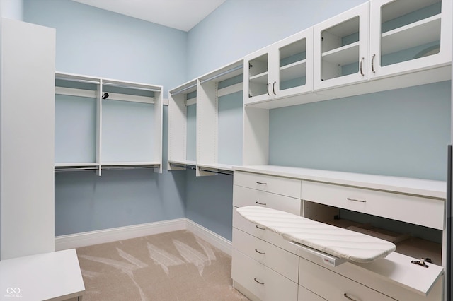 walk in closet with light colored carpet