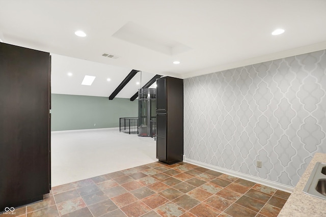 unfurnished room featuring baseboards, recessed lighting, visible vents, and wallpapered walls