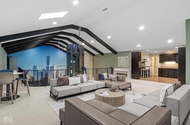 living room featuring lofted ceiling with skylight, recessed lighting, and light colored carpet