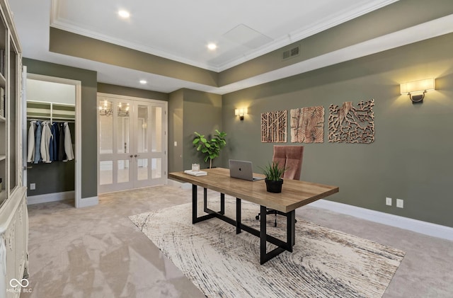 office space featuring crown molding, visible vents, and baseboards