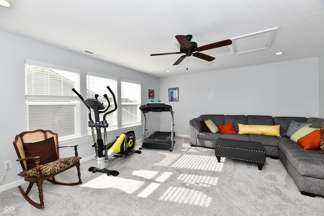 exercise area featuring light colored carpet