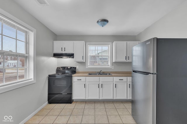 kitchen featuring white cabinetry, sink, electric range, and stainless steel refrigerator