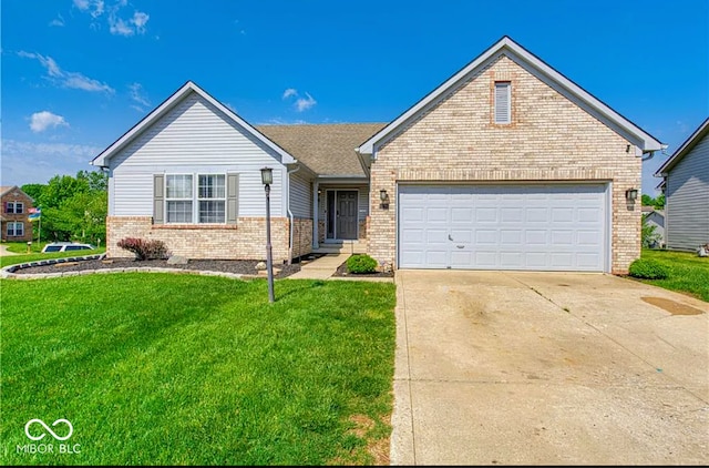 ranch-style house featuring a garage, a front lawn, concrete driveway, and brick siding