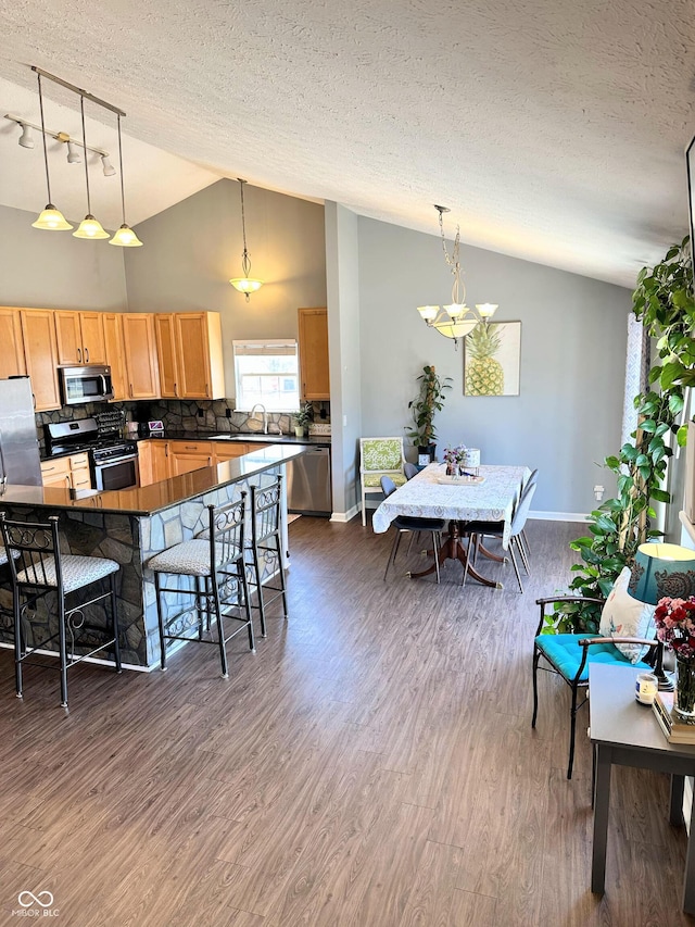 kitchen with dark countertops, wood finished floors, stainless steel appliances, a textured ceiling, and light brown cabinets