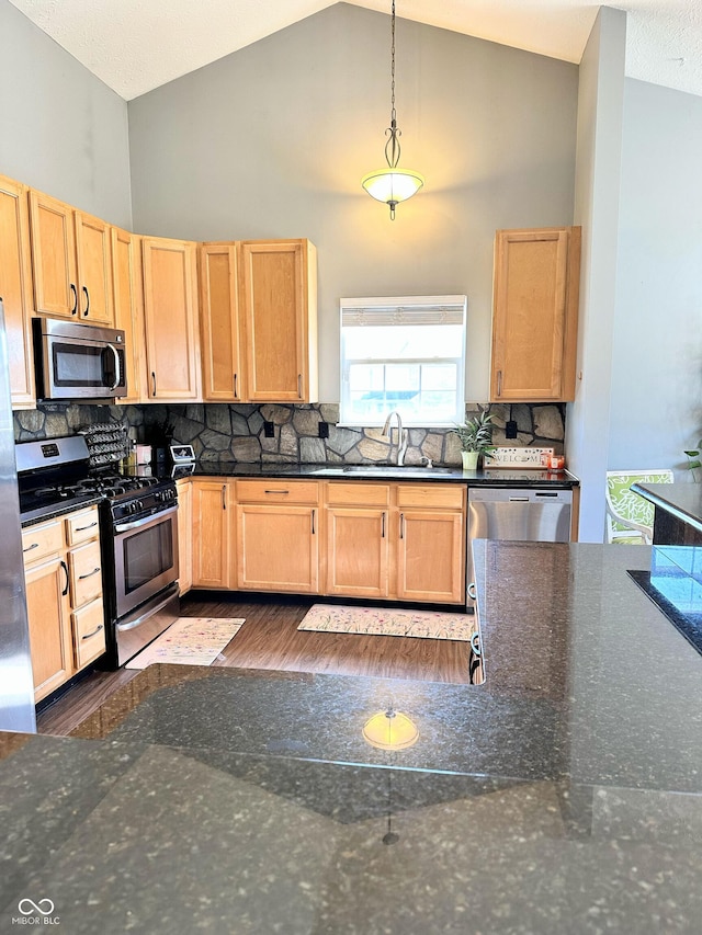 kitchen with appliances with stainless steel finishes, a sink, high vaulted ceiling, and light brown cabinetry