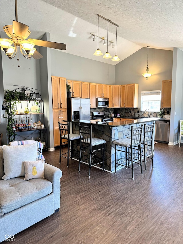 kitchen with a kitchen bar, stainless steel appliances, dark wood finished floors, and open floor plan