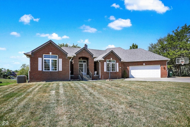 single story home with a garage, central AC, and a front lawn