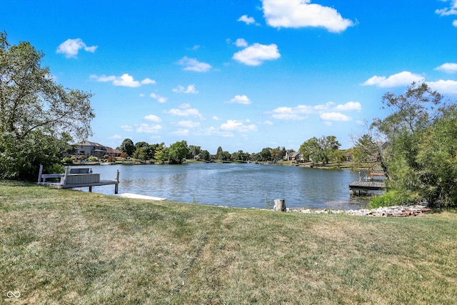 view of water feature with a dock