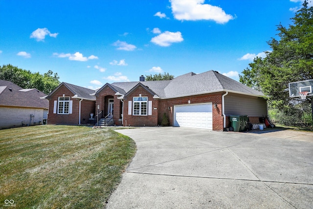 ranch-style house featuring a garage and a front yard