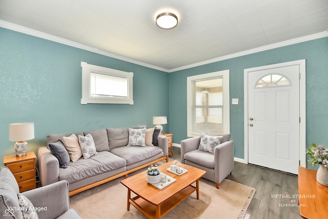 living room featuring hardwood / wood-style flooring and crown molding