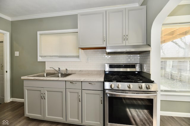 kitchen with backsplash, sink, gas stove, and gray cabinetry