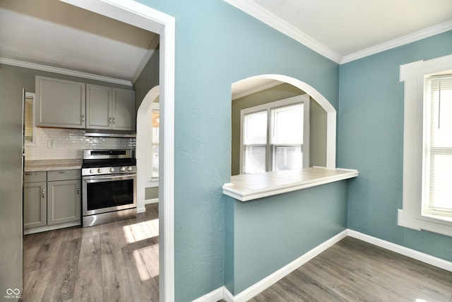 kitchen with crown molding, gray cabinets, stainless steel range oven, and light hardwood / wood-style flooring