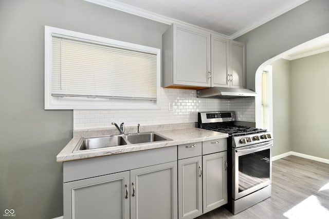 kitchen with stainless steel gas stove, sink, crown molding, and tasteful backsplash