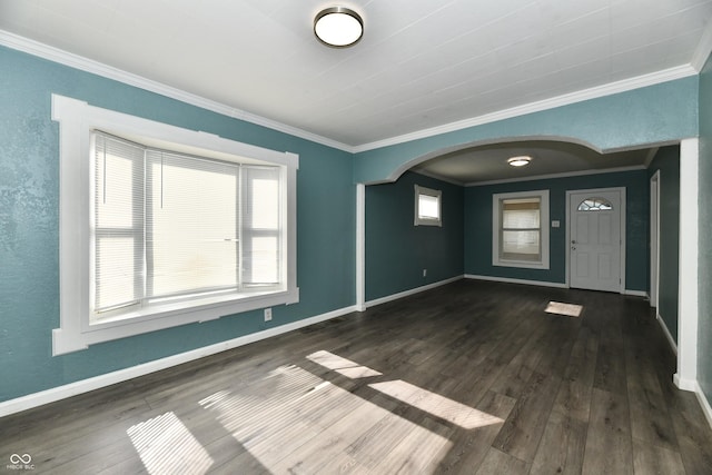 foyer entrance featuring dark hardwood / wood-style flooring, ornamental molding, and a healthy amount of sunlight