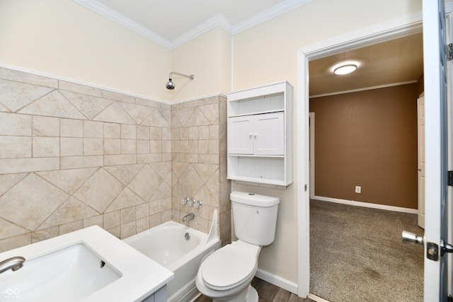 full bathroom featuring ornamental molding, toilet, shower / bath combination, and sink