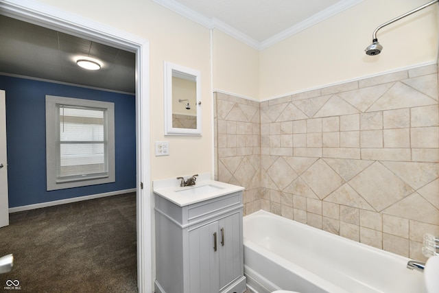 bathroom with ornamental molding,  shower combination, and vanity