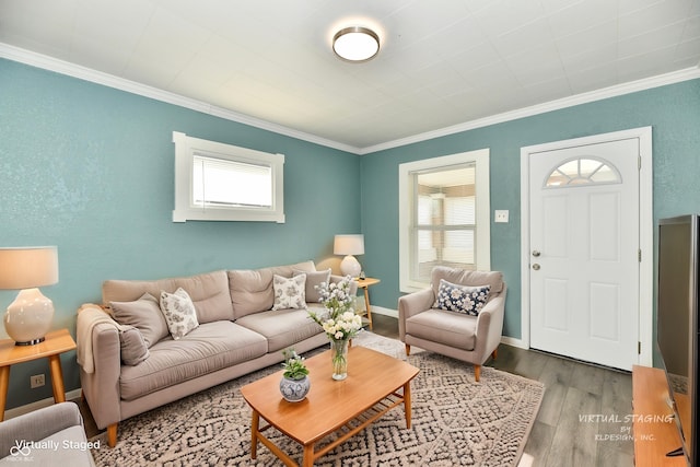 living room with wood-type flooring and ornamental molding