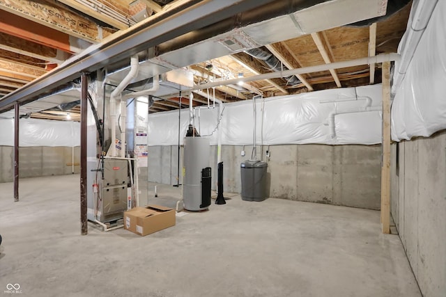 basement with heating unit and water heater