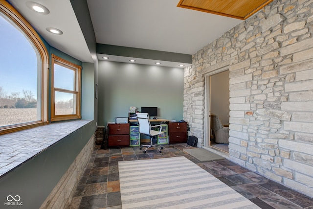 home office featuring recessed lighting and stone tile flooring