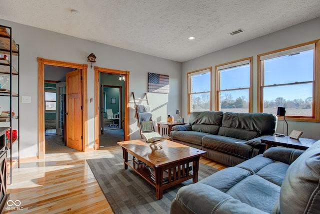 living area with visible vents, light wood finished floors, and a textured ceiling