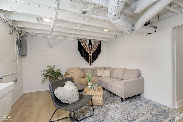 basement with electric panel and hardwood / wood-style floors