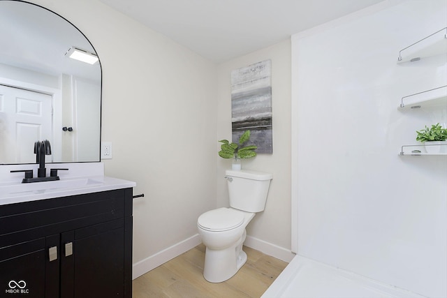 bathroom featuring vanity, wood-type flooring, and toilet