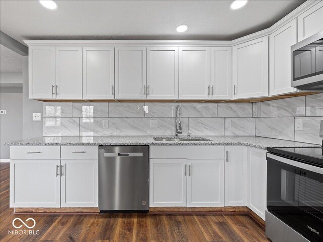 7279 W State Road 44, Shelbyville, IN 46176 - kitchen with stainless steel appliances, white cabinetry, sink, and light stone counters