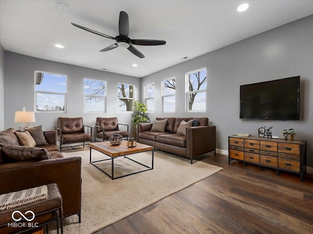 7279 W State Road 44, Shelbyville, IN 46176 - living room featuring ceiling fan and dark hardwood / wood-style flooring