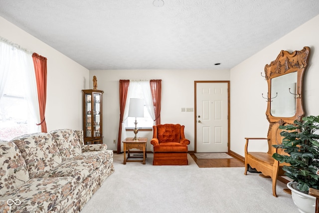 carpeted living room featuring a textured ceiling