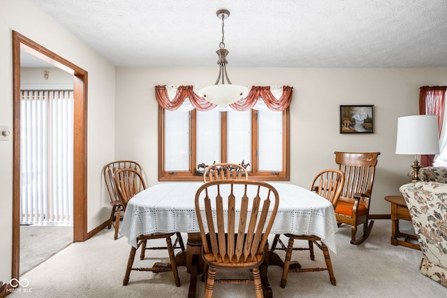 carpeted dining area with a textured ceiling