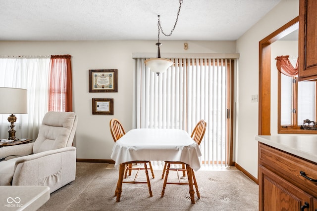 carpeted dining space with a textured ceiling