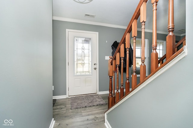 foyer with hardwood / wood-style flooring, ornamental molding, and a healthy amount of sunlight