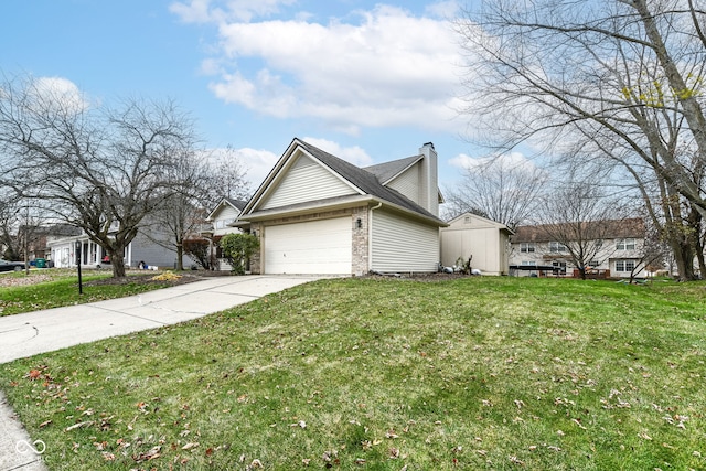 view of side of home featuring a garage and a lawn