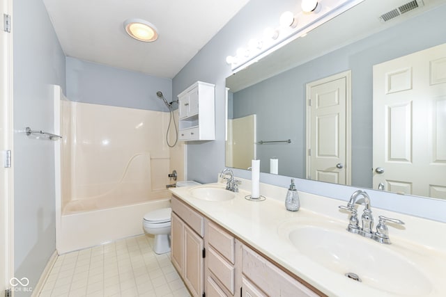 full bathroom featuring vanity, toilet, tile patterned flooring, and shower / bathing tub combination