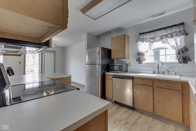 kitchen with light brown cabinetry, sink, light hardwood / wood-style flooring, a textured ceiling, and stainless steel appliances