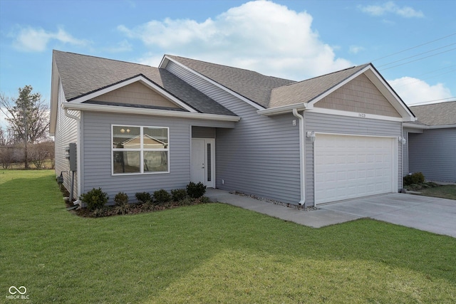 ranch-style home featuring a garage and a front yard