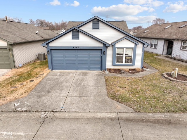 single story home featuring a garage, a front yard, and central air condition unit