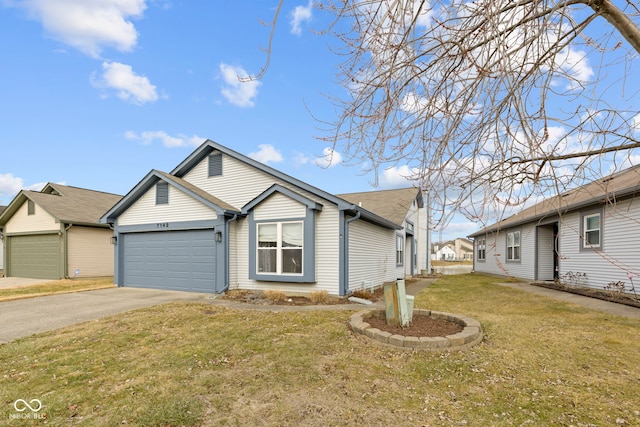 single story home with a garage and a front lawn