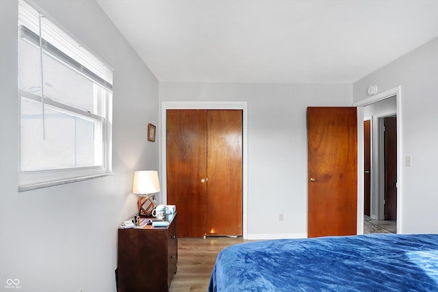 bedroom featuring light hardwood / wood-style floors and a closet